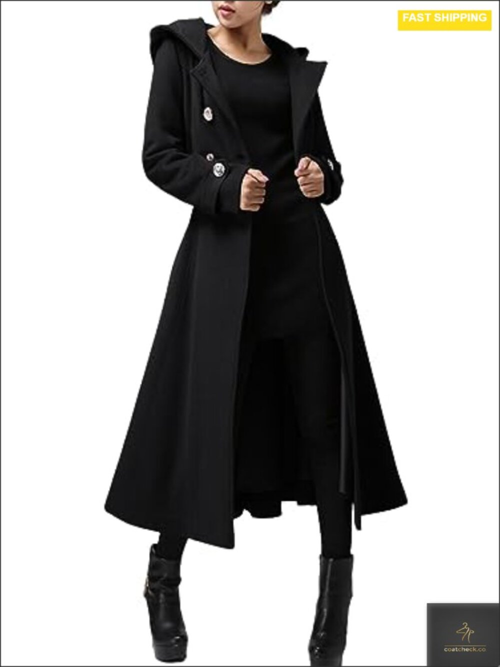 Women's Extra Long Double-Breasted Hooded Wool Blend Trench Coat Winter